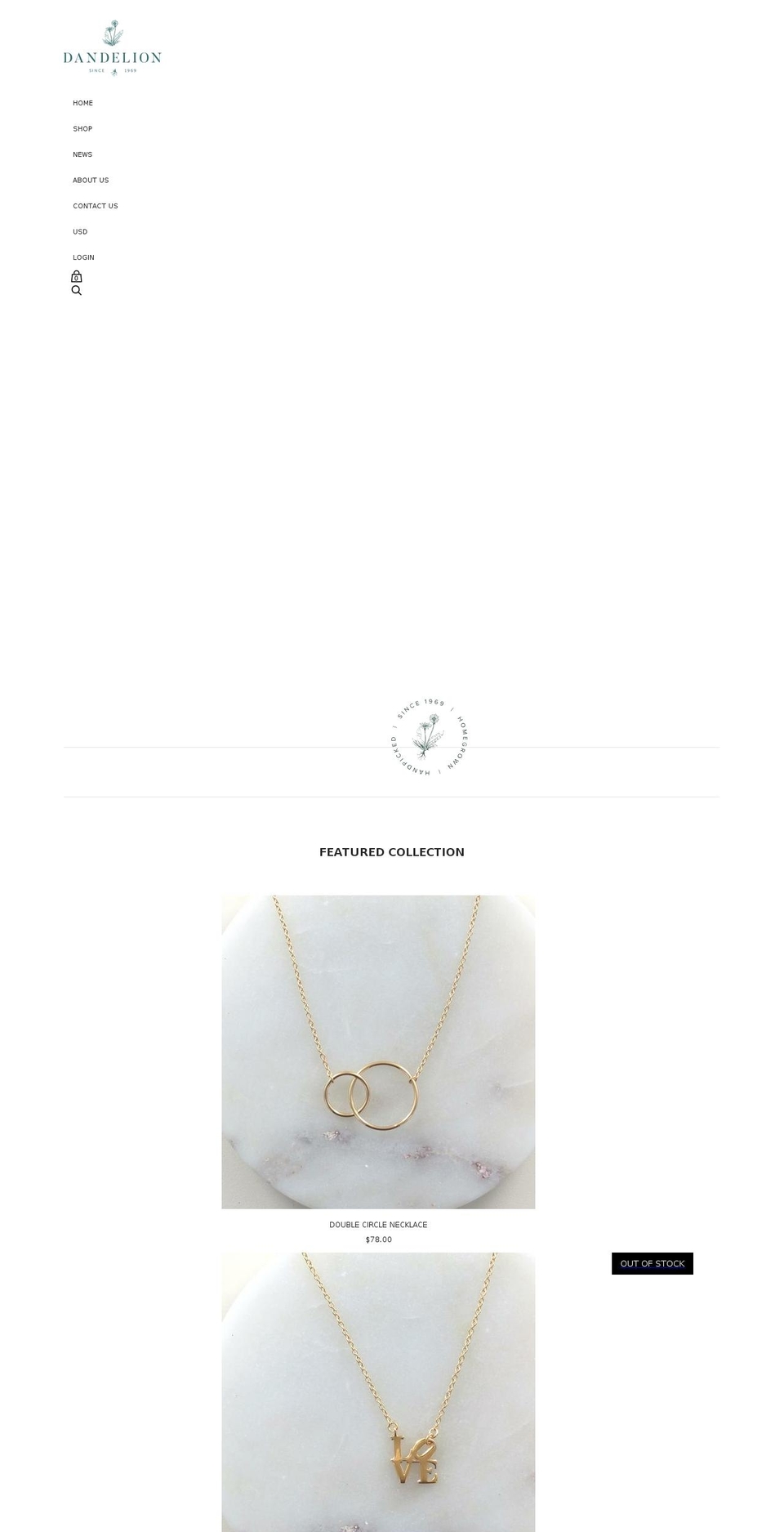 dandelionjewelry.com shopify website screenshot