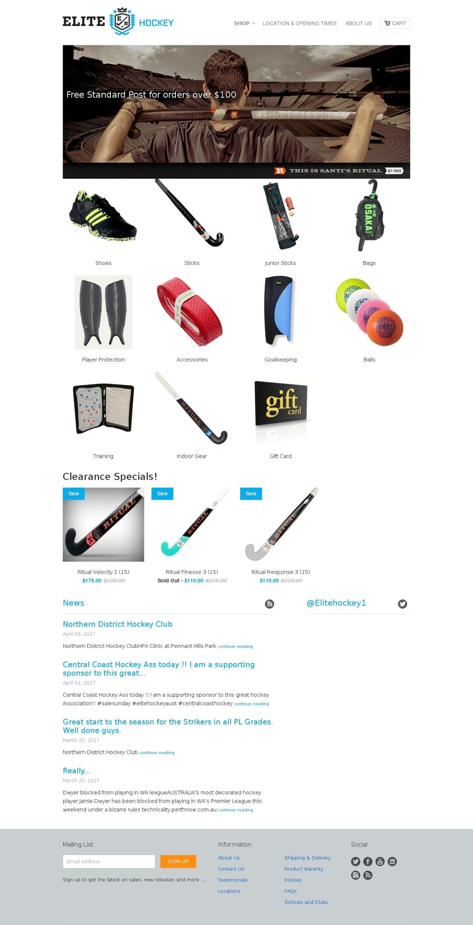 elitehockey.com.au shopify website screenshot