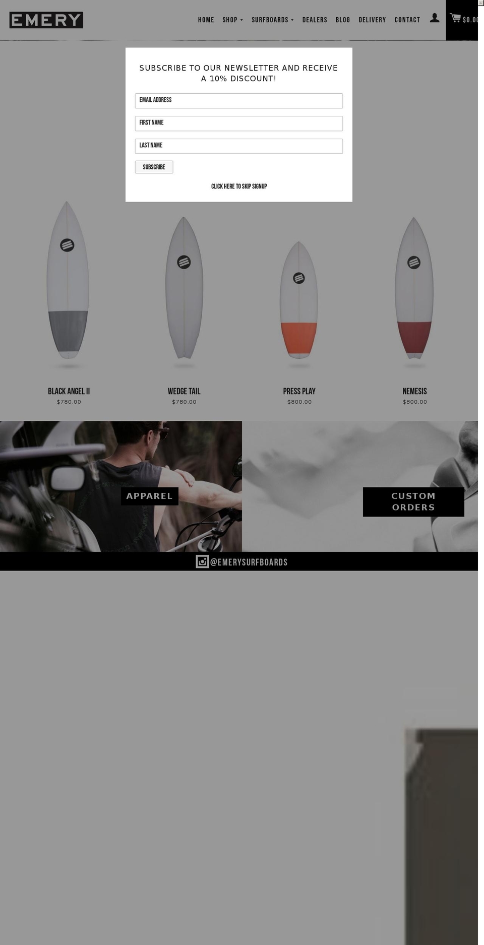 emerysurfboards.com shopify website screenshot