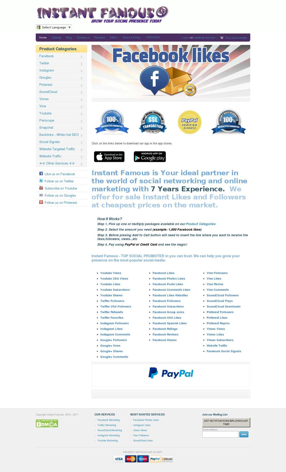 instant-famous.com shopify website screenshot