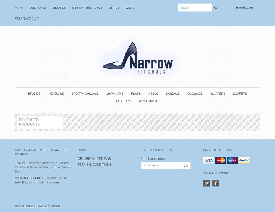 narrowfitshoes.com shopify website screenshot