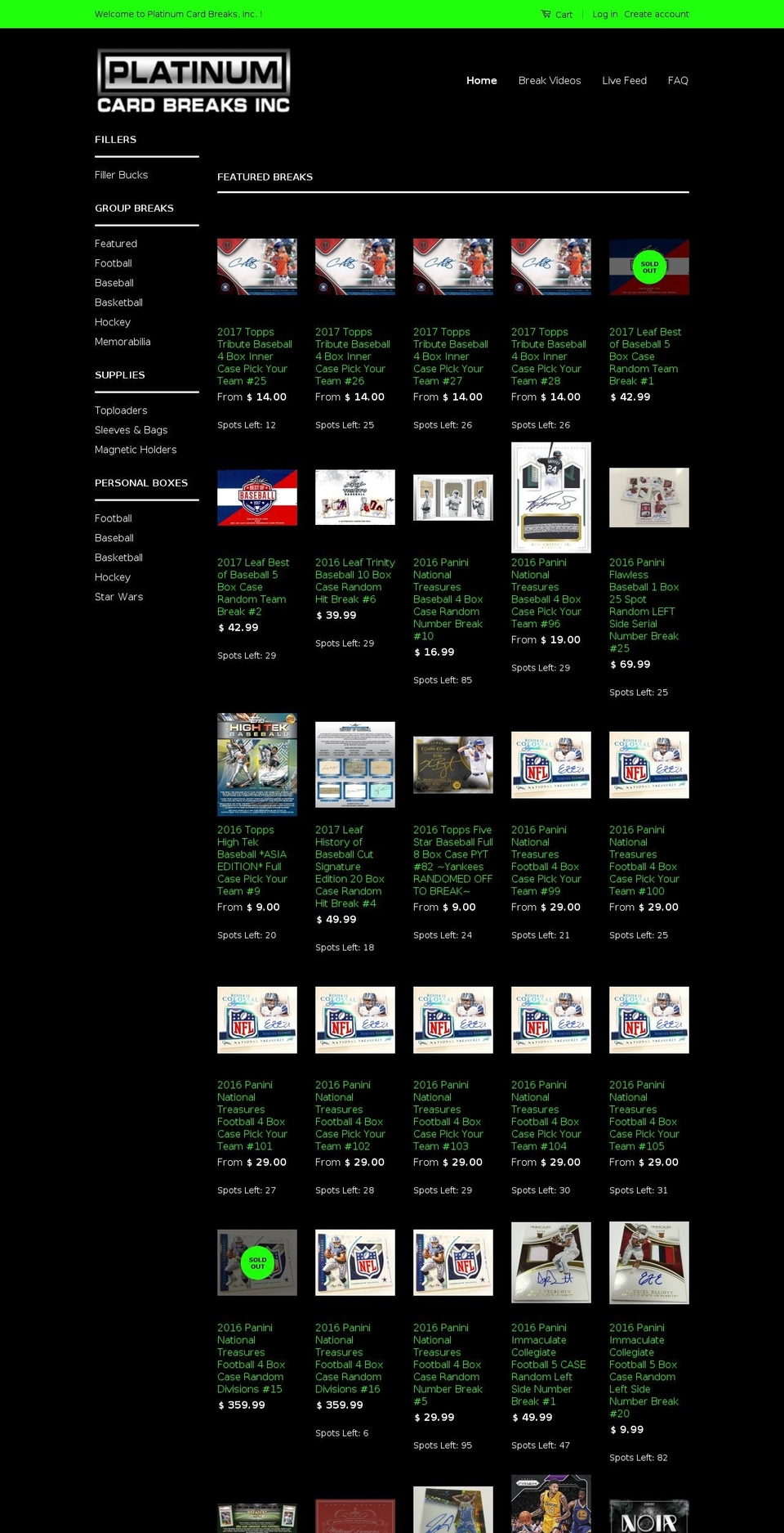 platinumcardbreaks.com shopify website screenshot