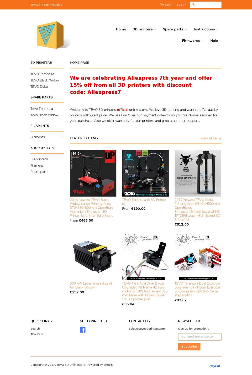 tevo3dprinterstore.com shopify website screenshot
