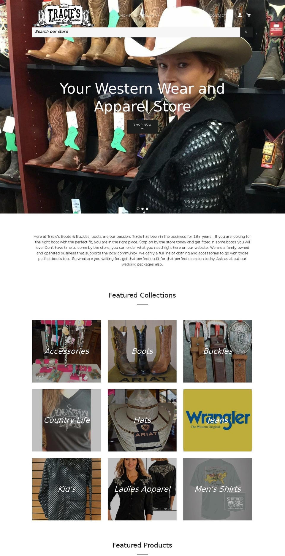 Galleria Shopify theme site example traciesbootsandbuckles.com
