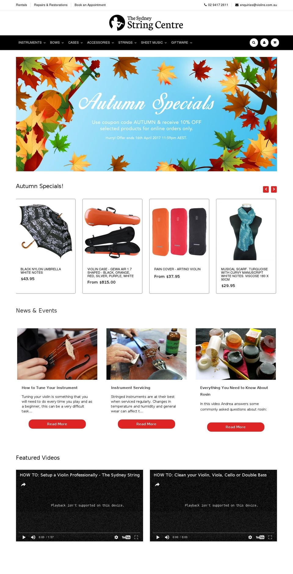 violins.com.au shopify website screenshot